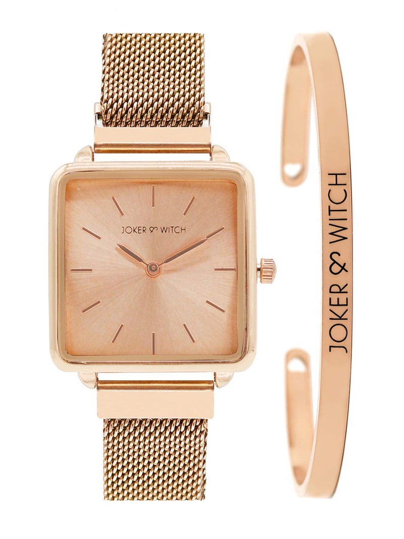 Joker & Witch Stainless Steel Cherry Blossom Rosegold Analogue Watch Bracelet Stack For Women, Rose Gold Dial, Rose Gold Band - Image 1