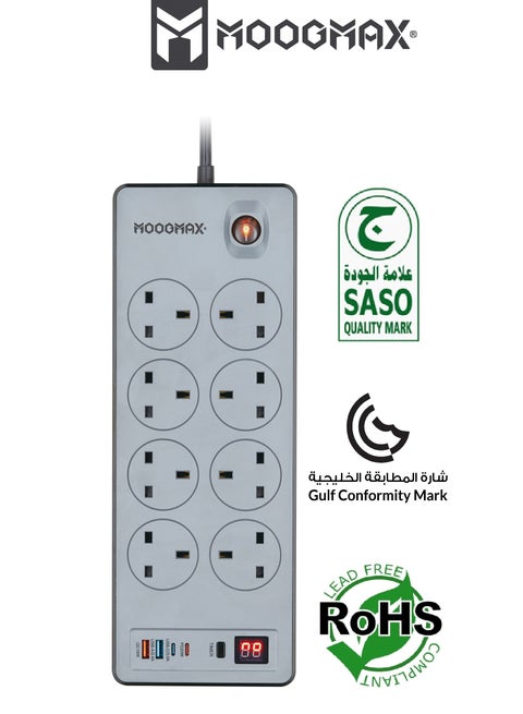 BASA Multiple cord Extension 2990W, with eight-socket, two Type-C ports support fast charging up to 20W and two USB-A ports compatible with most devices, an electrical strip equipped with an automatic shut-off timer (For Type-C and USB ports only, power outlets are not included) and an on/off button, a fire-safe socket up to 750 C, certified with quality and safety (SASO, GCC and RoHS) certificates. 3 meters long. From Moogmax