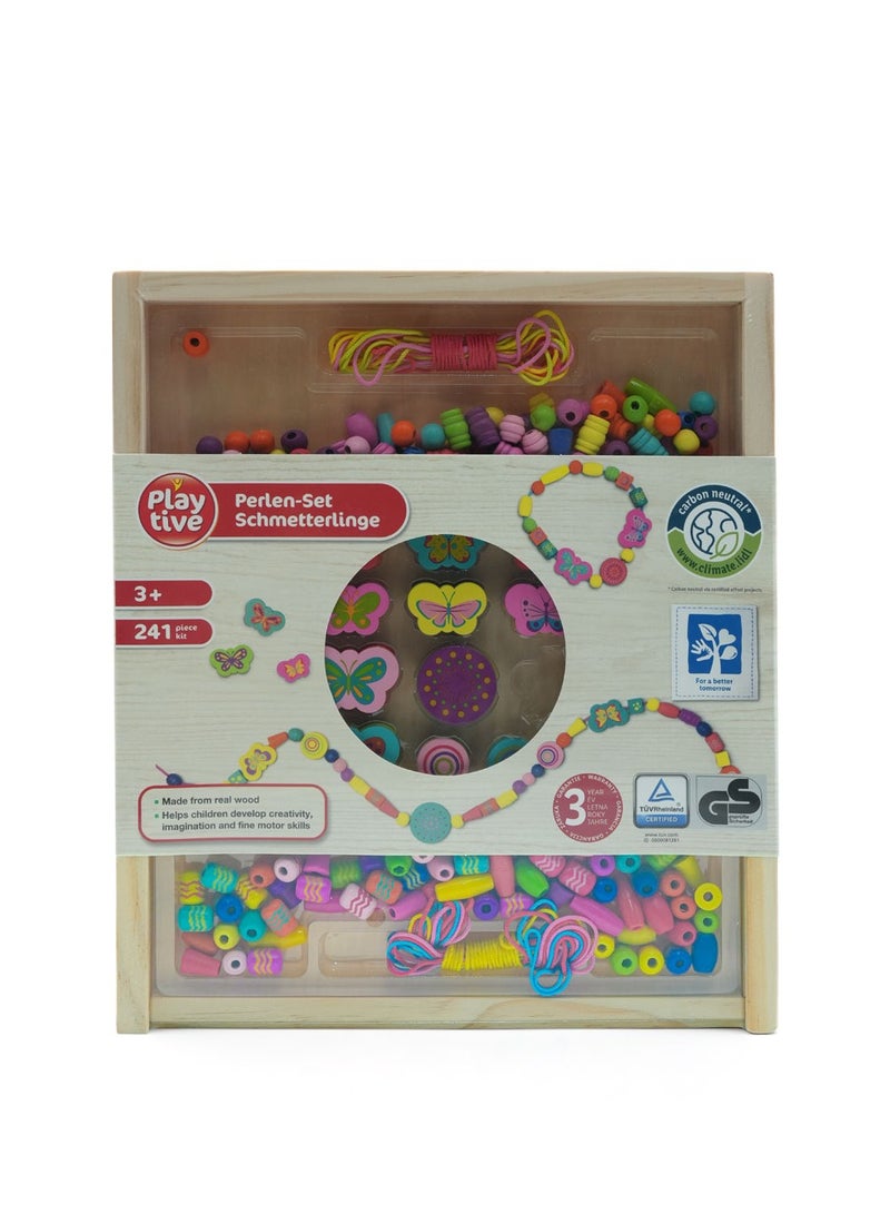 Playtive Wooden Butterfly Bead Set , 241 Piece Craft Kit for Kids Age 3+  Colorful Beads and Strings for Jewelry Making , Promotes Creativity, Fine Motor Skills & Imagination , Eco Friendly Wooden Case , TÜV & GS Certified