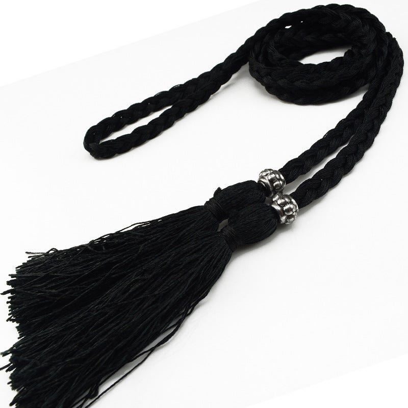 Braided Tassel Belt Ladies Skinny Butterfly Knot Black 