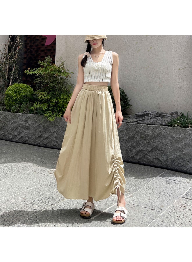 Jeanswest Summer Ruched Design Yohji Yamamoto Style Midi Skirt, Solid Color Versatile Long Skirt, Casual Minimalist A-line Skirt - Image 5