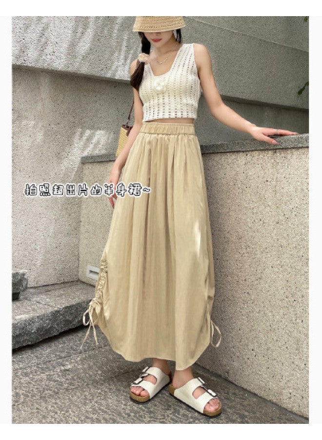 Jeanswest Summer Ruched Design Yohji Yamamoto Style Midi Skirt, Solid Color Versatile Long Skirt, Casual Minimalist A-line Skirt - Image 1