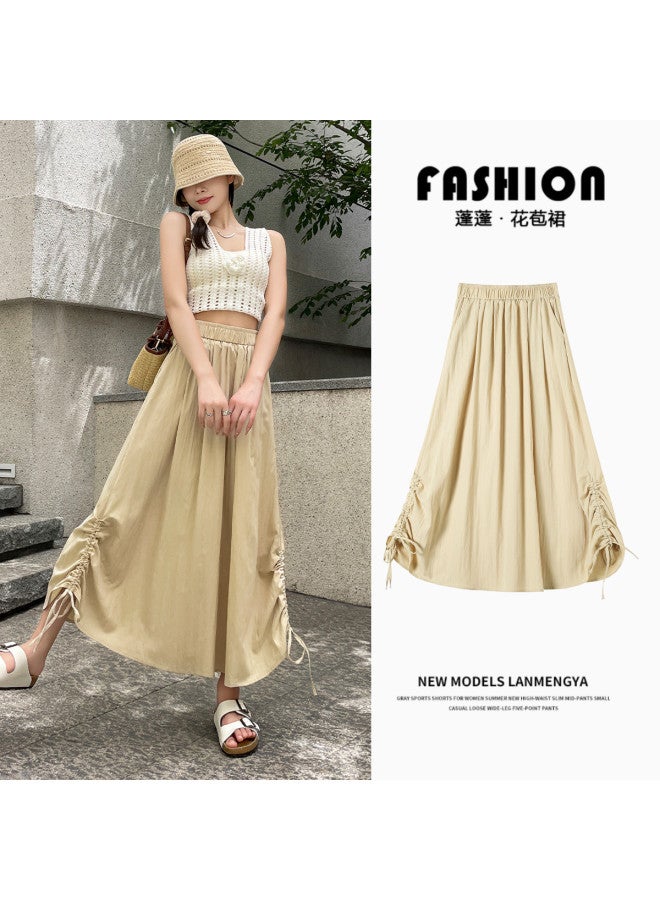 Jeanswest Summer Ruched Design Yohji Yamamoto Style Midi Skirt, Solid Color Versatile Long Skirt, Casual Minimalist A-line Skirt - Image 3