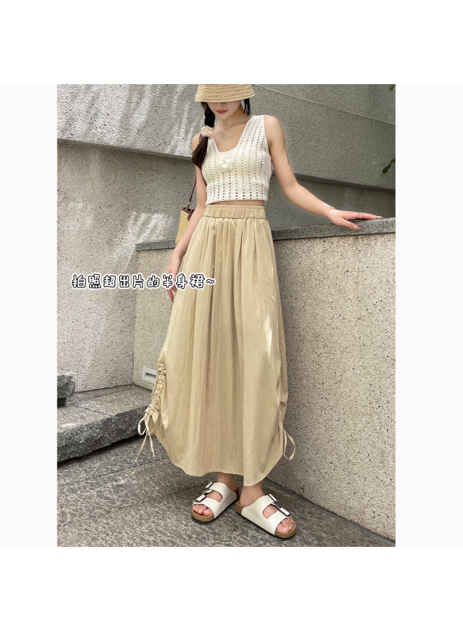 Jeanswest Summer Ruched Design Yohji Yamamoto Style Midi Skirt, Solid Color Versatile Long Skirt, Casual Minimalist A-line Skirt - Image 2