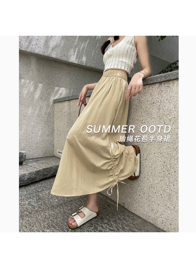 Jeanswest Summer Ruched Design Yohji Yamamoto Style Midi Skirt, Solid Color Versatile Long Skirt, Casual Minimalist A-line Skirt - Image 4