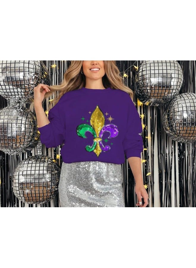 BEIDEFY Mardi Gras Sweatshirt for Women Sequin Fat Tuesday Long Sleeve Shirt New Orleans Carnival Party Pullover Top, Purple, XL - Image 3
