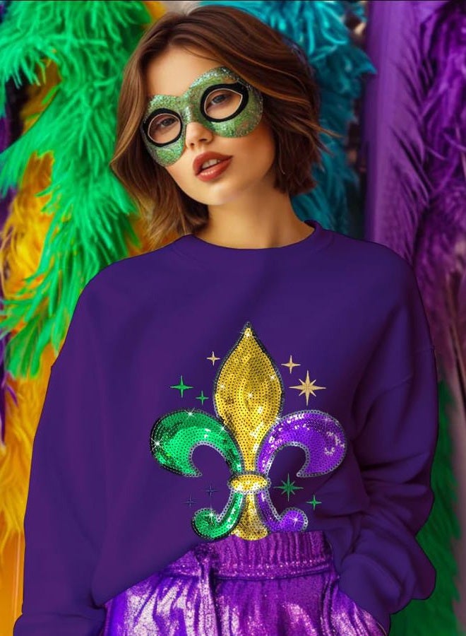 BEIDEFY Mardi Gras Sweatshirt for Women Sequin Fat Tuesday Long Sleeve Shirt New Orleans Carnival Party Pullover Top, Purple, XL - Image 2