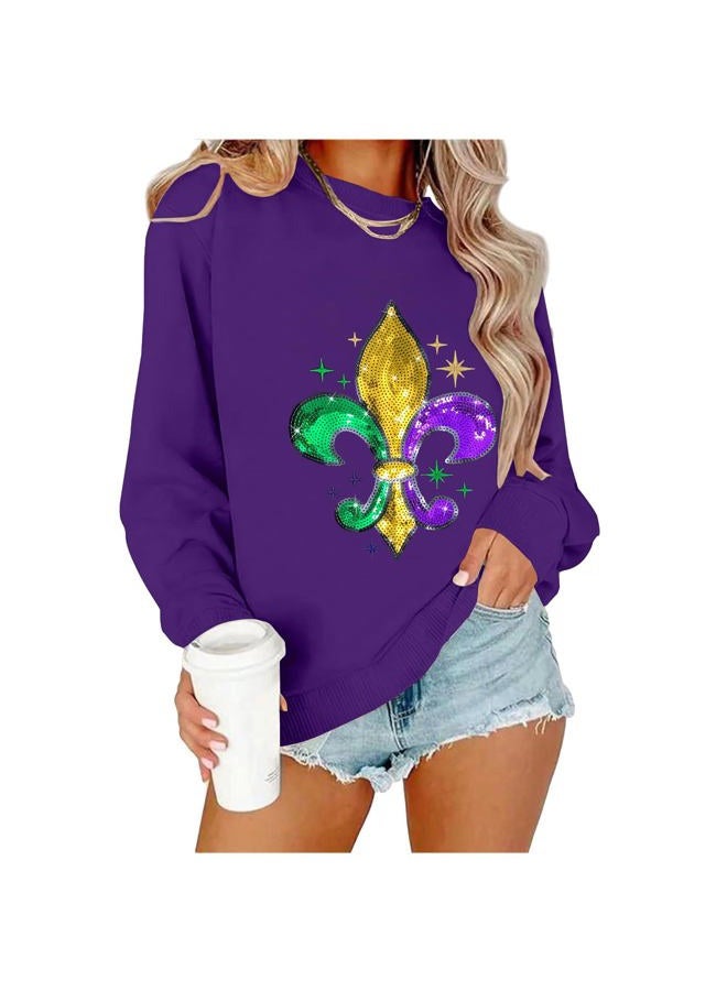 BEIDEFY Mardi Gras Sweatshirt for Women Sequin Fat Tuesday Long Sleeve Shirt New Orleans Carnival Party Pullover Top, Purple, XL - Image 1