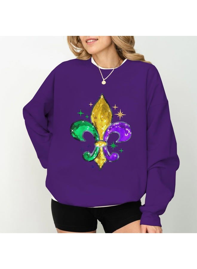 BEIDEFY Mardi Gras Sweatshirt for Women Sequin Fat Tuesday Long Sleeve Shirt New Orleans Carnival Party Pullover Top, Purple, XL - Image 4