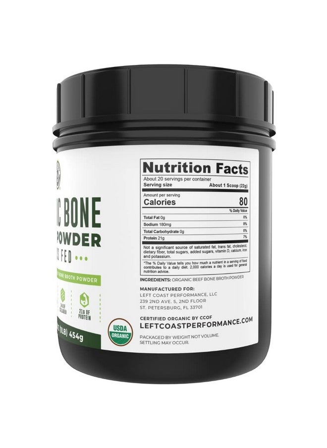 Left Coast Performance 16oz Organic Bone Broth Protein Powder From Grass Fed Beef - USDA Certified Organic, Single Ingredient, Rich in Collagen, Glucosamine, No Additives, Perfect for Carnivore, Paleo, and Keto Diets  - Image 2