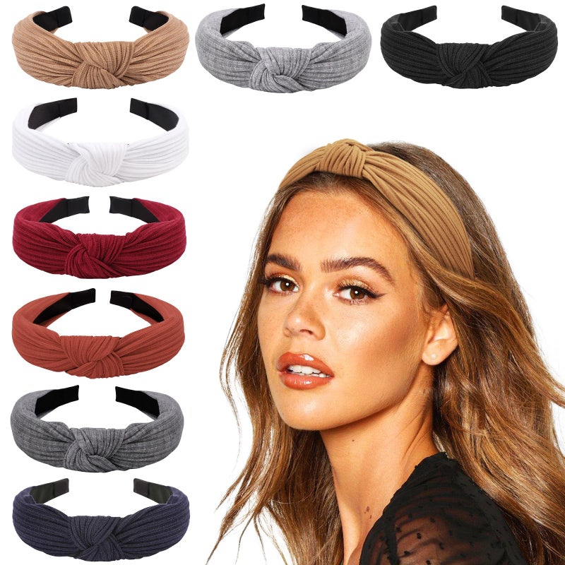 DRESHOW 8 Pack Knotted Headbands for Women Wide Turban Headband Yoga Exercise Ribbing Hair Hoop Hair Bands Accessories - Image 1