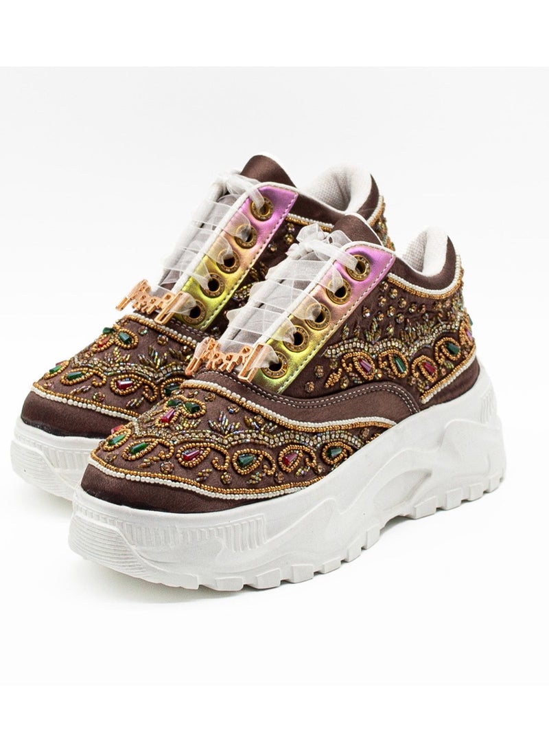 RETTROSE The Isabella Luxury Mauve Satin Handmade Embellished Trainers  - Image 2