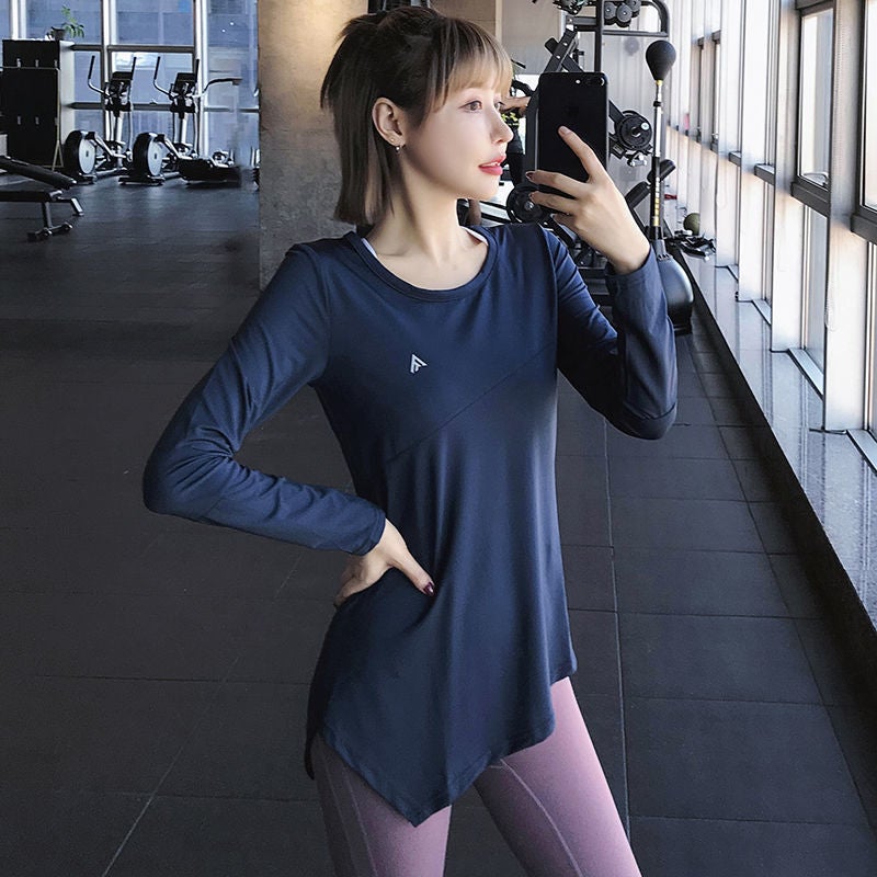 Generic Quick-drying clothes sweat-absorbent yoga clothes long long-sleeved T-shirt overwear Internet-famous sports top womens running fitness clothes thin 865 royal blue [long sleeve]]