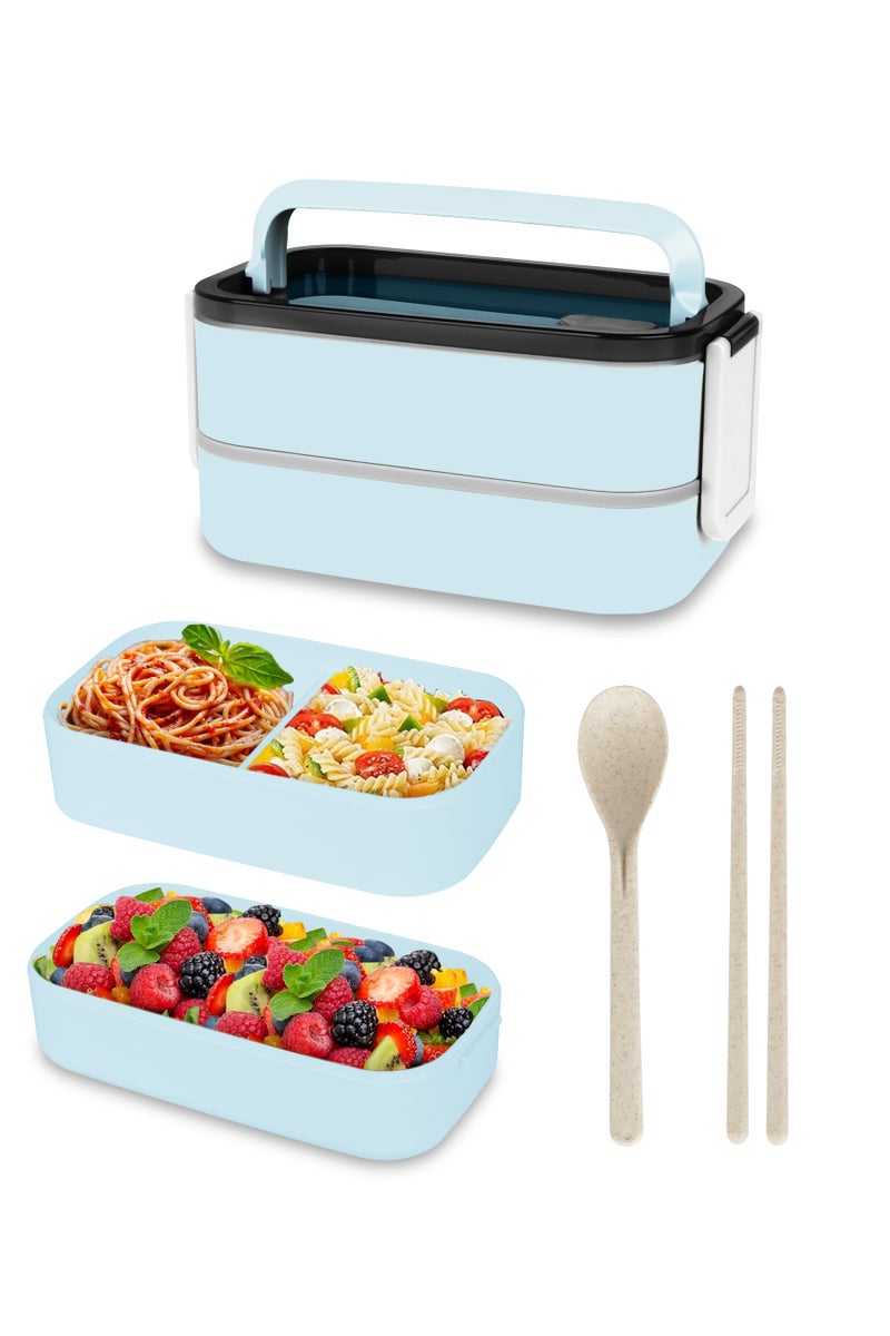 Xkimos Double Layer Leakproof Bento Box - Large Lunch Box with Dividers and Cutlery Set - Adult Kids Lunch Box Container Food Box, Blue  - Image 1