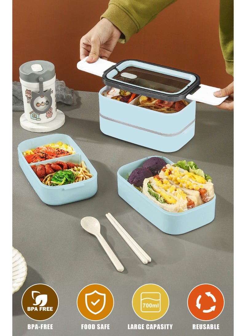 Xkimos Double Layer Leakproof Bento Box - Large Lunch Box with Dividers and Cutlery Set - Adult Kids Lunch Box Container Food Box, Blue  - Image 3
