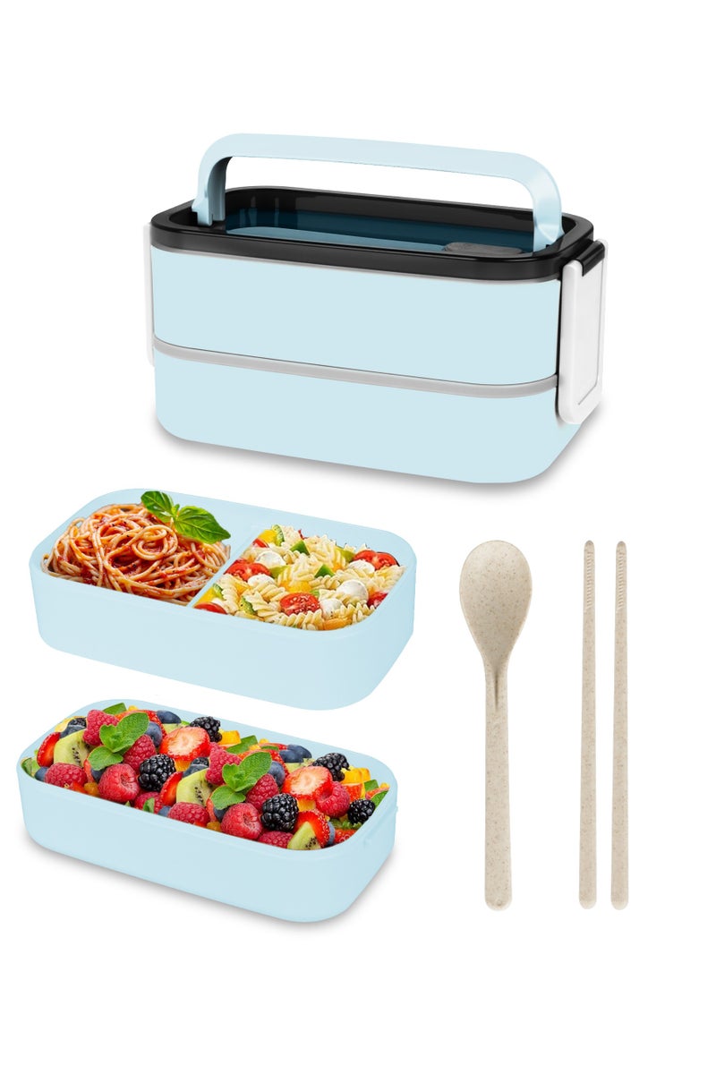 Xkimos Double Layer Leakproof Bento Box - Large Lunch Box with Dividers and Cutlery Set - Adult Kids Lunch Box Container Food Box, Blue - Image 1