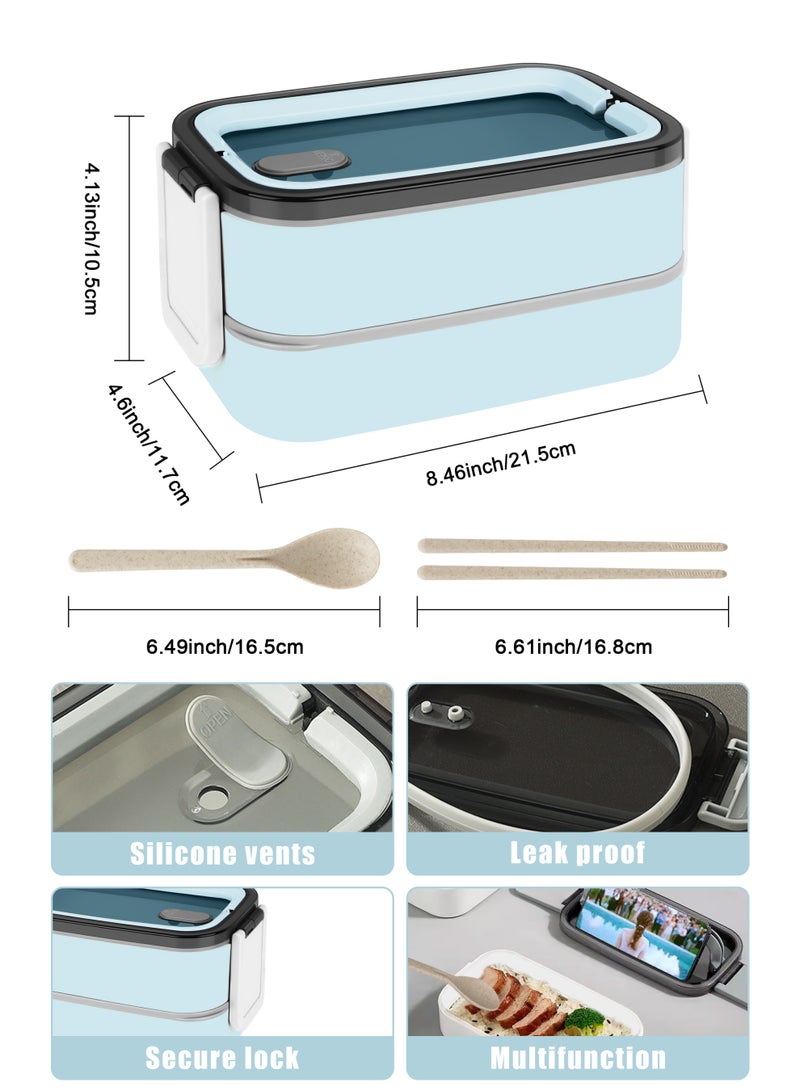 Xkimos Double Layer Leakproof Bento Box - Large Lunch Box with Dividers and Cutlery Set - Adult Kids Lunch Box Container Food Box, Blue - Image 4