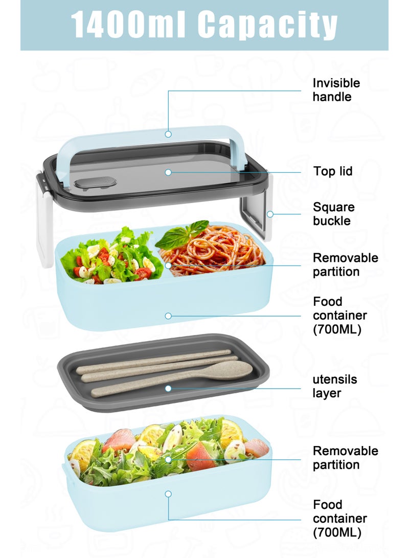 Xkimos Double Layer Leakproof Bento Box - Large Lunch Box with Dividers and Cutlery Set - Adult Kids Lunch Box Container Food Box, Blue - Image 2