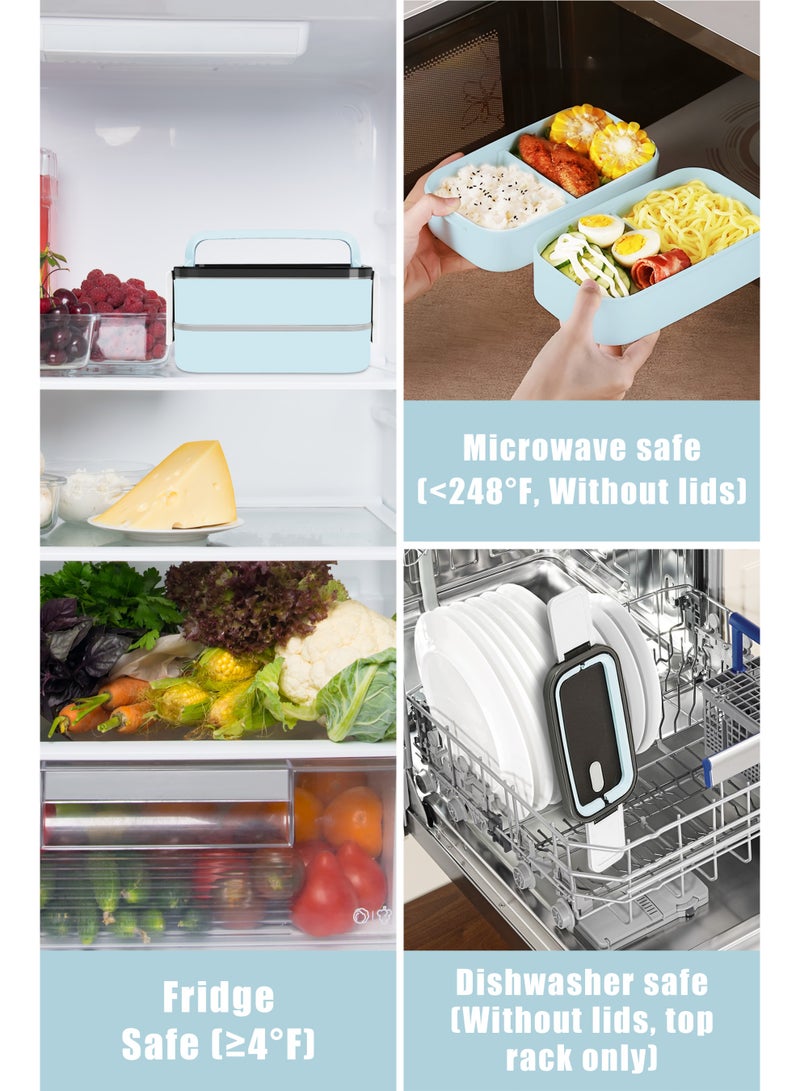 Xkimos Double Layer Leakproof Bento Box - Large Lunch Box with Dividers and Cutlery Set - Adult Kids Lunch Box Container Food Box, Blue - Image 5