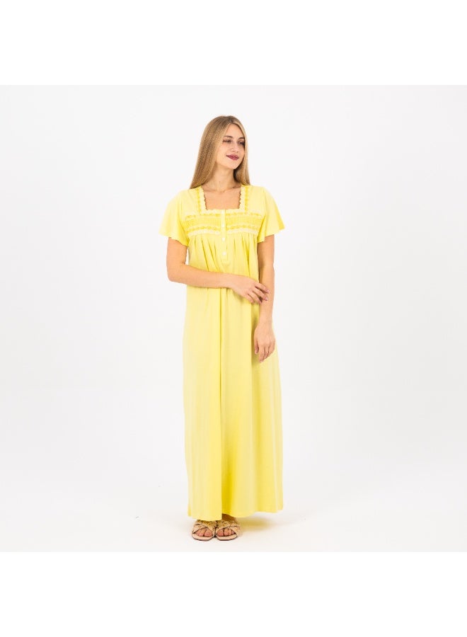 zecotex  Women's Cotton Lounge Jalabiya / Home Abaya – Short Sleeve Embroidered House Dress – Yellow  - Image 2