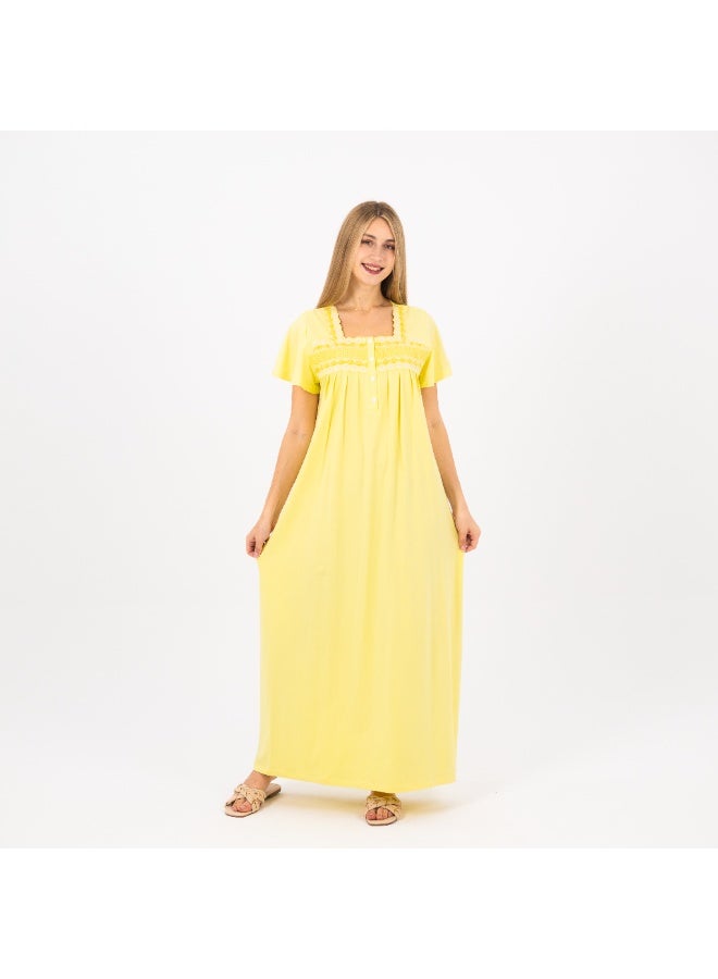 zecotex  Women's Cotton Lounge Jalabiya / Home Abaya – Short Sleeve Embroidered House Dress – Yellow  - Image 3