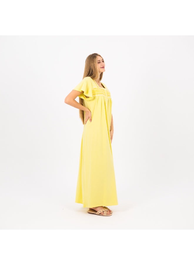 zecotex  Women's Cotton Lounge Jalabiya / Home Abaya – Short Sleeve Embroidered House Dress – Yellow  - Image 5