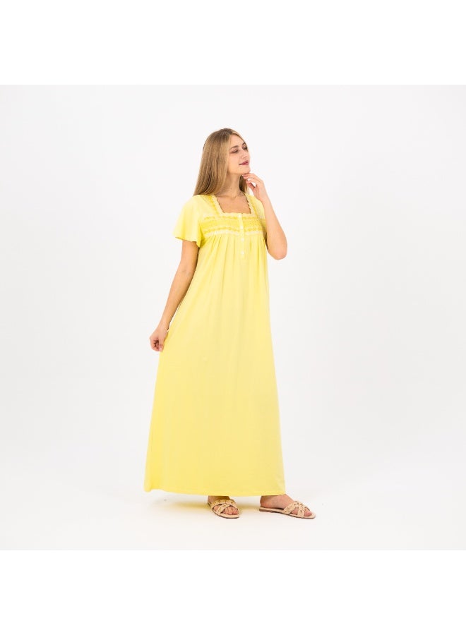 zecotex  Women's Cotton Lounge Jalabiya / Home Abaya – Short Sleeve Embroidered House Dress – Yellow  - Image 4