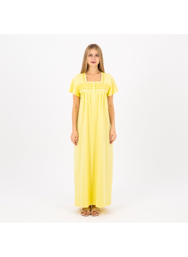 zecotex  Women's Cotton Lounge Jalabiya / Home Abaya – Short Sleeve Embroidered House Dress – Yellow  - Image 1