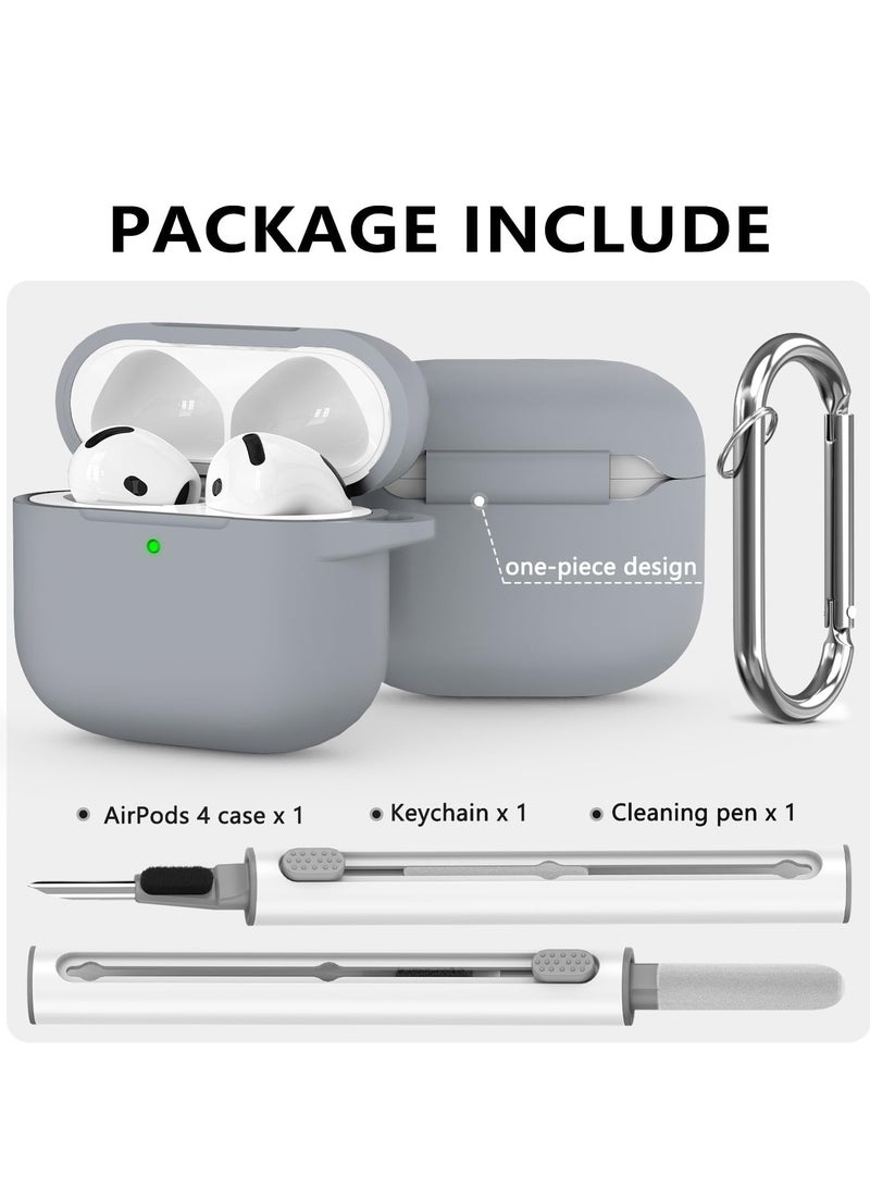 Soft Silicone Case Cover for AirPods 4 with Cleaning Kit and Keychain (Gray)