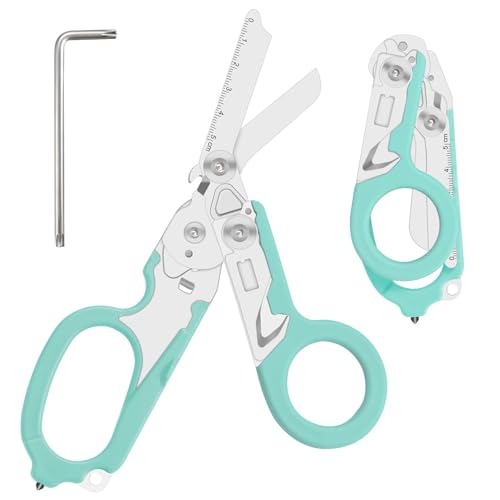 Lemasa 6-in-1 heavy-duty/trauma shears, Folding Retractable Emergency Shears, Outdoor Camping Tools, Seat Belt Cutter, Oxygen Cylinder Wrench, Complimentary Adjustable Wrench (Aqua blue) - Image 1