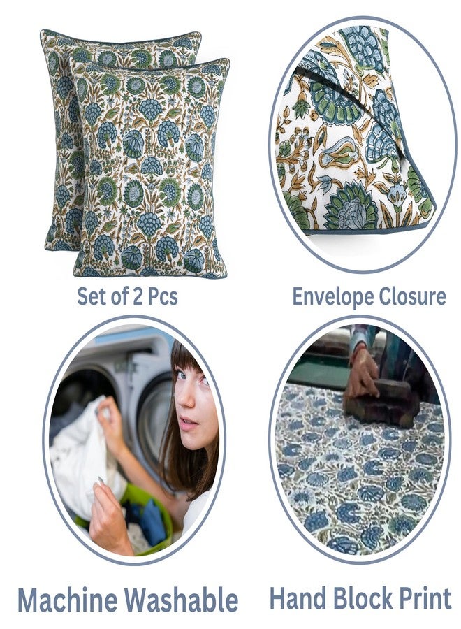 Ridhi Asparagus Green Hand Block Printed 100% Cotton 16x16 Set of 2 Boho Throw Pillow Covers, Washable Decorative Cushions for Couch, Bed, Sofa, Outdoor, Farmhouse Spring Home Decor Gift - Image 3