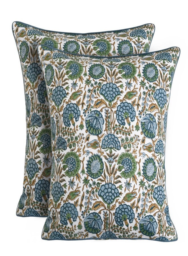 Ridhi Asparagus Green Hand Block Printed 100% Cotton 16x16 Set of 2 Boho Throw Pillow Covers, Washable Decorative Cushions for Couch, Bed, Sofa, Outdoor, Farmhouse Spring Home Decor Gift - Image 1