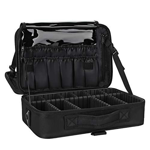 Relavel Makeup Bag Travel Makeup Train Case 13.8 inches Large Cosmetic Case Professional Portable Makeup Brush Holder Organizer and Storage with Adjustable Dividers and Shoulder Strap Black - Image 1