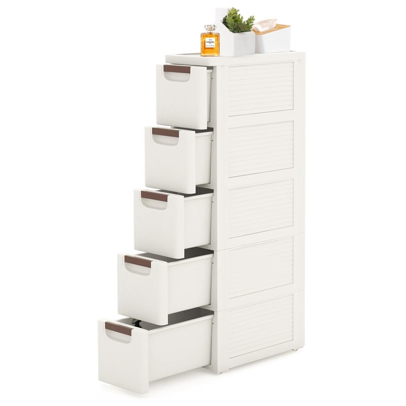YABORAS 5 Drawers Slim Bathroom Storage Cabinet Dresser, Narrow Plastic Rolling Cart Organizer with Drawers, for Small Spaces, Kitchen, Laundry, Office, Bedroom, White - Image 1