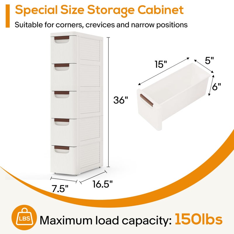 YABORAS 5 Drawers Slim Bathroom Storage Cabinet Dresser, Narrow Plastic Rolling Cart Organizer with Drawers, for Small Spaces, Kitchen, Laundry, Office, Bedroom, White - Image 2