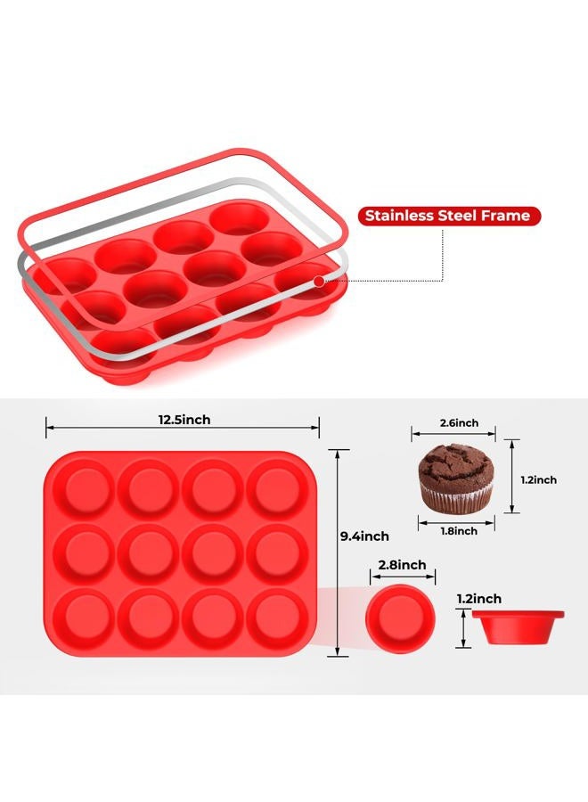 Samuelworld Silicone Muffin Pan for Baking: 12 Cup Muffin Pan with Metal Reinforced Frame, Regular Size Cupcake Egg Bites Molds for Baking, BPA Free Silicone Muffin Tray, Dishwasher Safe (1 Pack, Red) - Image 2