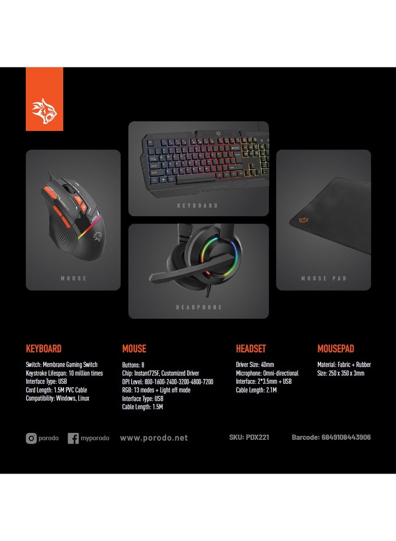 4 in 1 Gaming Kit with Keyboard / Head phone / Mouse and Mouse Pad / Windows and Linux Compatibility / 13 RGB Light Mode - Black - Image 3