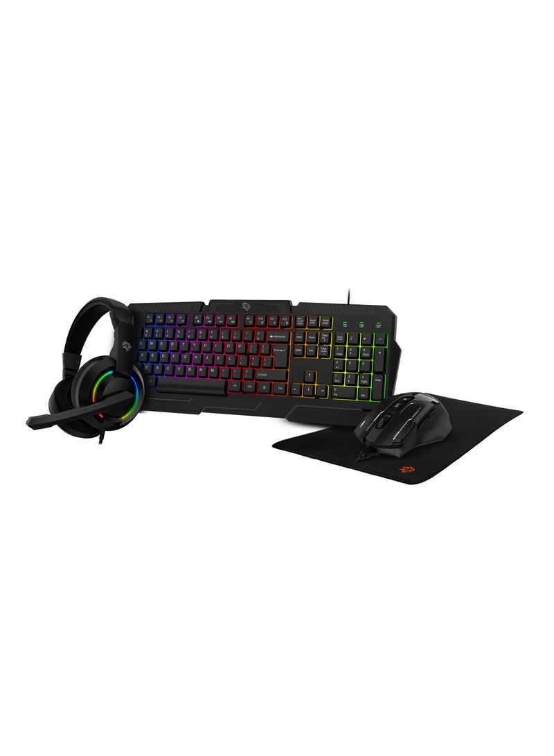4 in 1 Gaming Kit with Keyboard / Head phone / Mouse and Mouse Pad / Windows and Linux Compatibility / 13 RGB Light Mode - Black - Image 1