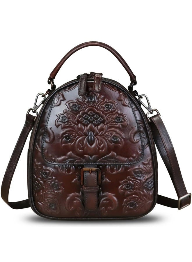 IVTG Genuine Leather Satchel for Women Embossed Leather Top Handle Handmade Purse Vintage Handbags Convertible Backpack, Coffee - Image 1