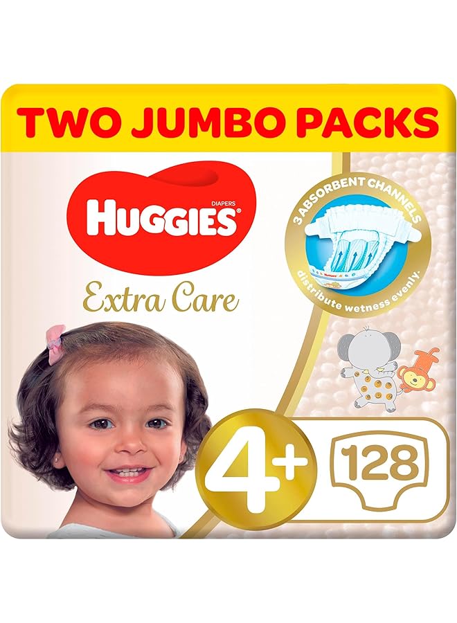 HUGGIES Extra Care Size 4 Plus 10 16 Kg Twin Jumbo Pack 128 Diapers - Image 1