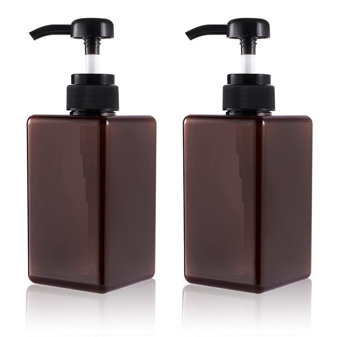 PUMP BOTTLE REFILLABLE PLASTIC EMPTY LOTION SOAP DISPENSER LIQUID CONTAINER FOR BATHROOM SHAMPOO AND BODY WASH 15OZ450ML AMBER 2 PACK