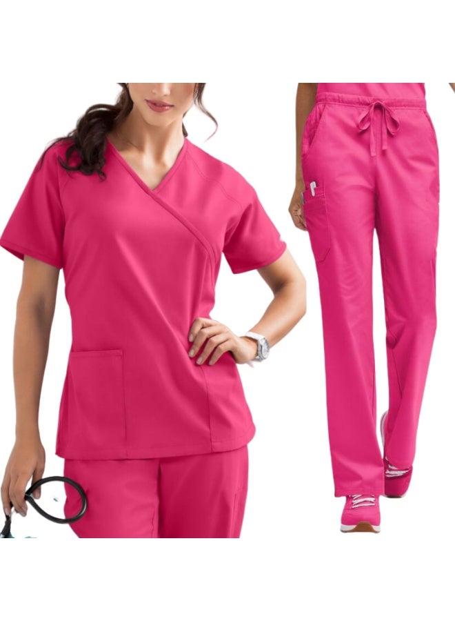 Loquat Womens Medical Scrubs Set Medical Uniform Set Rose Red - Image 1