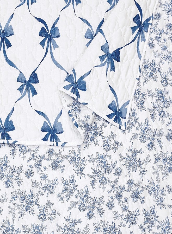 MODERN HEIRLOOM Blue and White Abigail Bow Reversible Quilt and Pillow Sham Set, Ultra Soft All Seasons Lightweight 2-Piece Quilt/Coverlet Set for Kids and Teens - Twin Size - Image 5