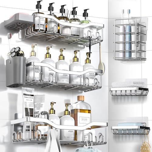NESOMI Shower Caddy Adhesive Shower Organizer 8-Pack, Rustproof Stainless Steel Bathroom Shelves, Large Capacity No-Drill Rack Storage Accessories with Soap Dish Toothbrush Holder Hooks - Image 1
