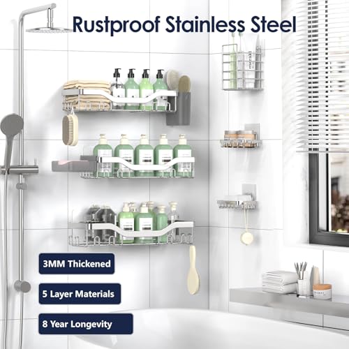 NESOMI Shower Caddy Adhesive Shower Organizer 8-Pack, Rustproof Stainless Steel Bathroom Shelves, Large Capacity No-Drill Rack Storage Accessories with Soap Dish Toothbrush Holder Hooks - Image 5