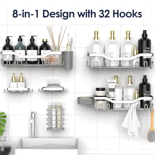 NESOMI Shower Caddy Adhesive Shower Organizer 8-Pack, Rustproof Stainless Steel Bathroom Shelves, Large Capacity No-Drill Rack Storage Accessories with Soap Dish Toothbrush Holder Hooks - Image 4