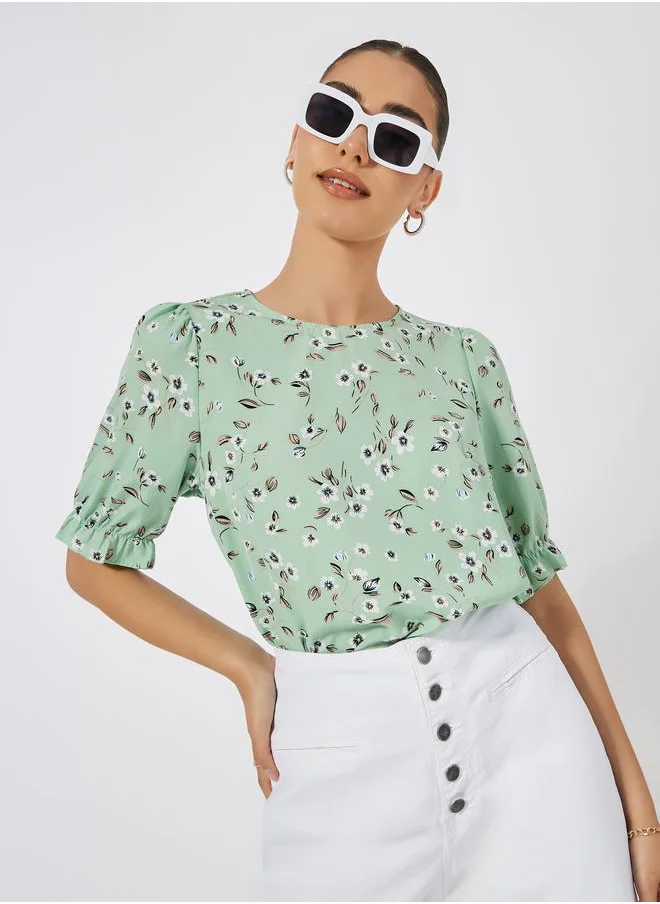 Styli Floral Print Round Neck Blouse