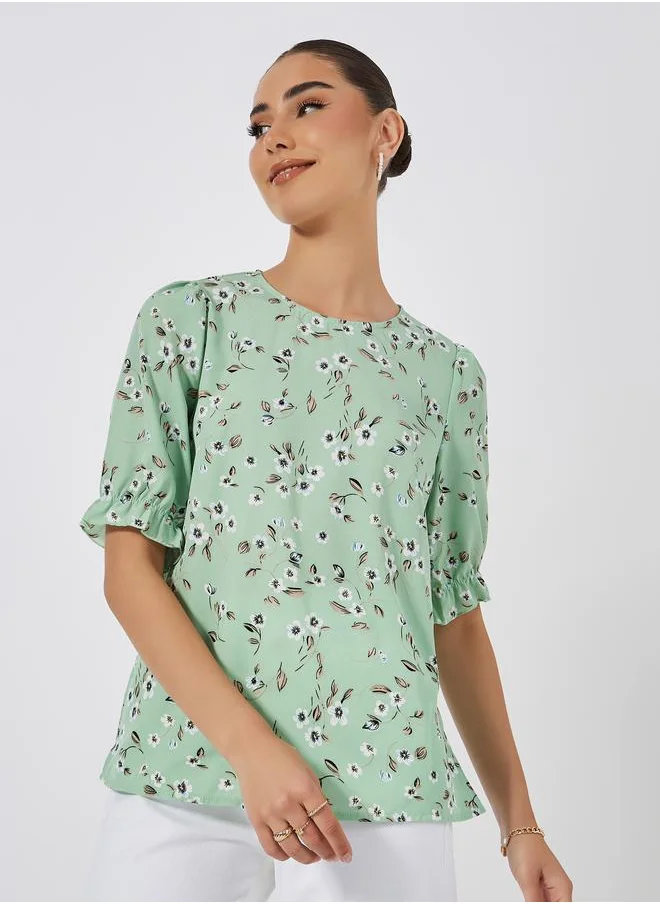 Styli Floral Print Round Neck Blouse
