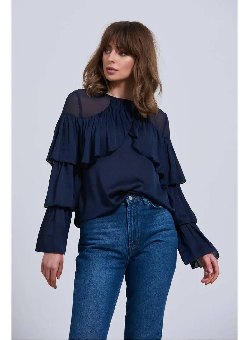 Little Mistress Little Mistress Mesh Insert Navy Tiered Blouse