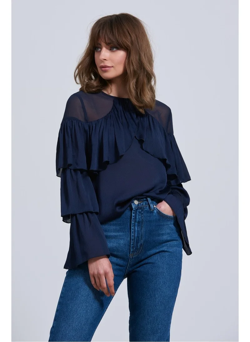 Little Mistress Little Mistress Mesh Insert Navy Tiered Blouse